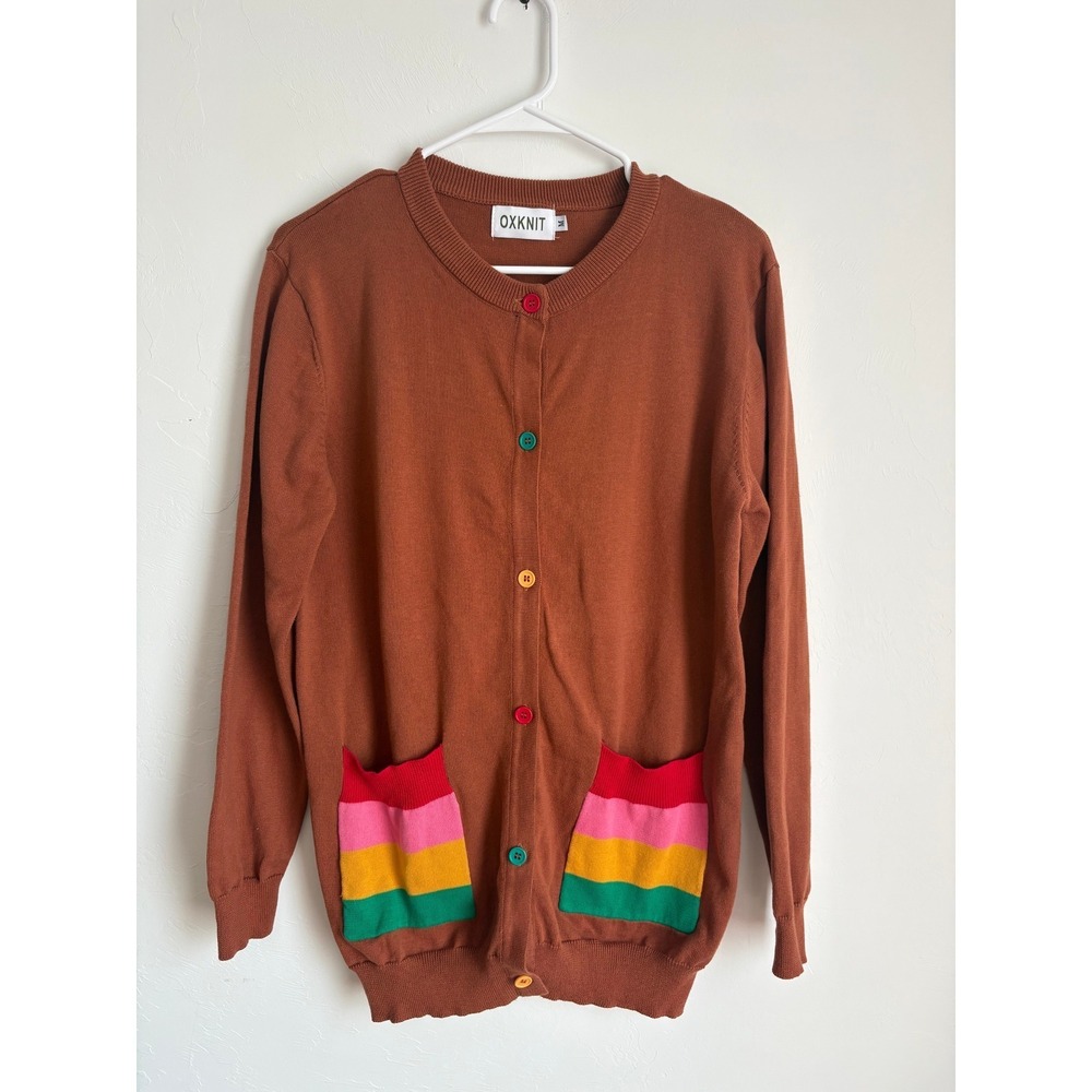 Oxknit Rainbow Cotton Cardigan Dopamine Dressing Whimsy Artsy Teacher Soft Girl - Picture 2 of 5